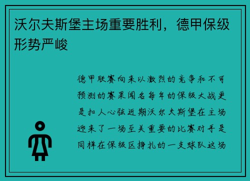 沃尔夫斯堡主场重要胜利，德甲保级形势严峻